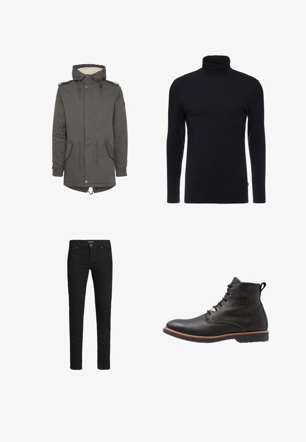 Grå hætteparkas med kunstpels-for, snøre i taljen, lappelommer og trykknaplukning. Har justerbar hætte og skulderdetaljer.; Sort langærmet turtleneck skjorte lavet af blødt, strækbart stof. Har et tætsiddende design og en glat tekstur. Ingen synlige mønstre eller accenter.; Slim-fit sorte jeans med fem lommer, knaplukning og bæltestropper, mærket Jack & Jones.; Sorte læder ankelstøvle med struktureret finish, snøredesign, gummisål og kontrasterende brun midtersål. Har logo-detalje på siden.