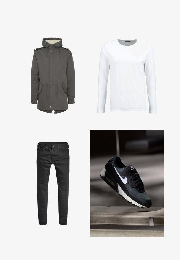Parka grise avec capuche, doublure en fausse fourrure, taille à cordon, poches plaquées et fermeture à pression. Équipée d'une capuche réglable et d'accents aux épaules.; T-shirt blanc à manches longues en coton, avec un col rond et une texture lisse. Sans motifs ni accents. Design simple.; Jeans noirs slim-fit avec poches avant, passants de ceinture, et fermeture à bouton, présentés sur un fond blanc.; Baskets Nike Air Max noires et grises avec un logo blanc, suspendues au-dessus d'une surface en béton sur un fond sombre flou.