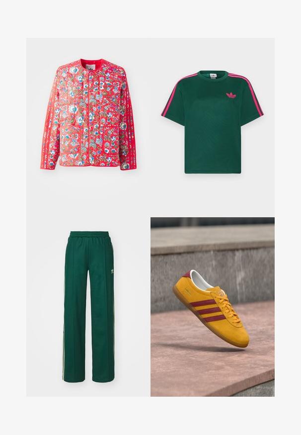 Rode gewatteerde jas met een bloemmotief in blauw, groen en wit, met een ronde halslijn, twee voorzakken en contrasterende afwerkingen.; Groen T-shirt met korte mouwen, helderroze strepen op de schouders en het Adidas trefoil-logo op de borst.; Donkergroene sportbroek met een relaxte pasvorm, voorzien van een trekkoord in de taille, zijzakken en crèmekleurige strepen aan de zijkanten.; Gele suède sneaker met rode strepen, platte zool en gevoerde kraag; beschikt over een vetersluiting en een merklabel.
