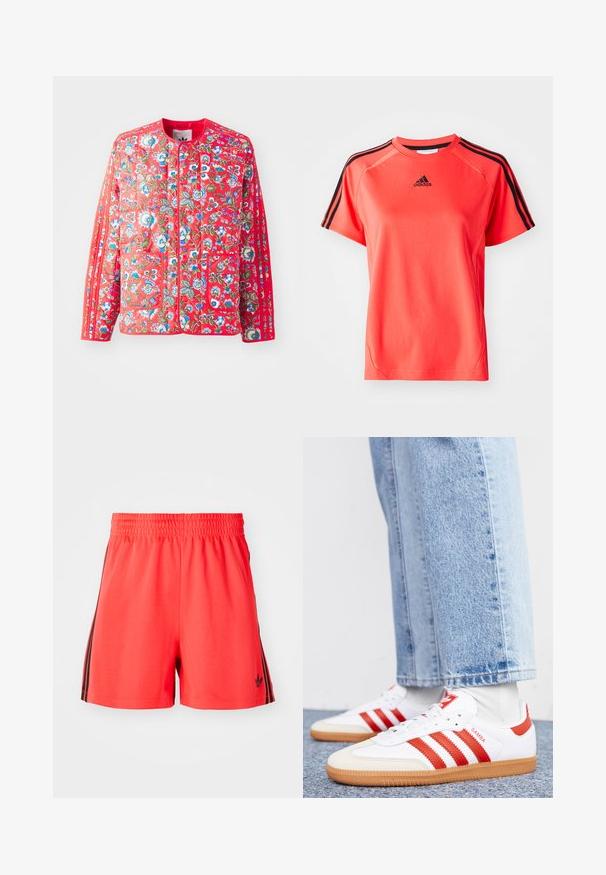 Chaqueta de acolchado roja con un patrón floral en azul, verde y blanco, con un cuello redondo, dos bolsillos frontales y ribetes en contraste.; Camiseta deportiva de manga corta en un brillante color coral, fabricada con un tejido ligero. Presenta el logo de Adidas en negro y tres rayas negras en cada hombro.; Pantalones cortos deportivos rojos hechos de un tejido ligero con una cintura elástica, que presentan tres rayas verticales negras a cada lado y un logotipo.; Zapatillas de cuero blancas con rayas y detalles rojos. Cuentan con una suela de goma texturizada y un collar acolchado. Llevadas con denim azul claro.