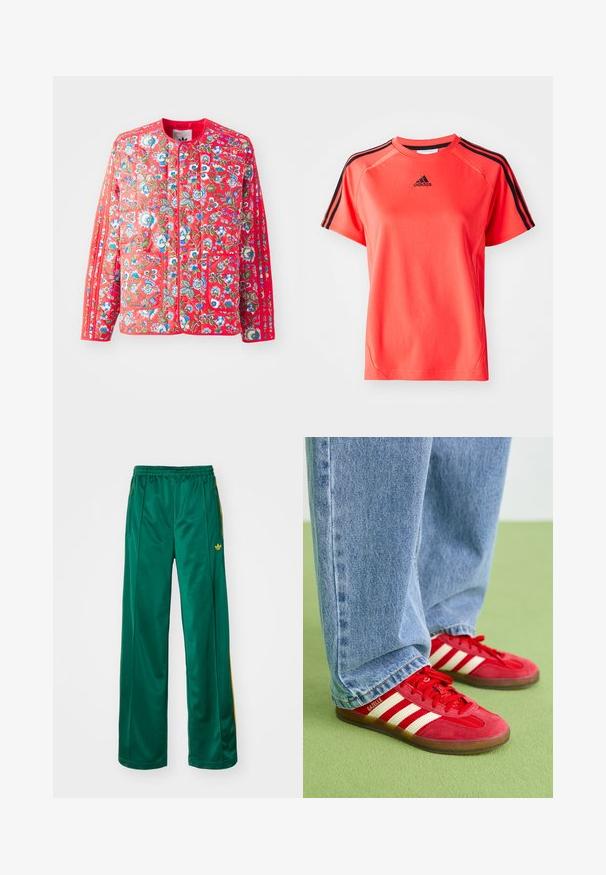 Rode gewatteerde jas met een bloemmotief in blauw, groen en wit, met een ronde halslijn, twee voorzakken en contrasterende afwerkingen.; Korte mouwen, fel koraalkleurig sport T-shirt gemaakt van lichtgewicht stof. Heeft een zwart Adidas-logo en drie zwarte strepen op elke schouder.; Groene satijnen sportbroek met een relaxte pasvorm, voorzien van gele streepaccenten en een geborduurd logo aan de linkerzijde. Elastische tailleband.; Rode suède sneakers met drie witte strepen, ronde neus en gestructureerde zool, gecombineerd met lichtblauwe spijkerbroek op een groene achtergrond.
