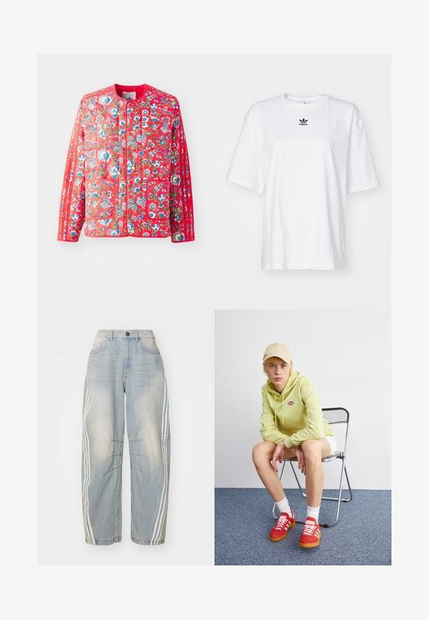 Rode gewatteerde jas met een bloemmotief in blauw, groen en wit, met een ronde halslijn, twee voorzakken en contrasterende afwerkingen.; Witte korte mouwen t-shirt van katoen. Voorzien van een ronde hals en een klein zwart Adidas-logo op de borst. Rechthoekige zoom.; Lichtblauwe denim jeans met een losse pasvorm, voorzien van witte strepen aan de zijkanten, verweringdetails en een knoopsluiting in de taille.; Lichtgroene hoodie met logo, witte shorts, rode sneakers met witte strepen, zittend op een chroom opvouwstoel tegen een neutrale achtergrond.