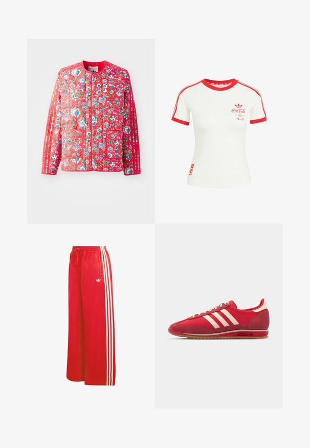 Rode gewatteerde jas met een bloemmotief in blauw, groen en wit, met een ronde halslijn, twee voorzakken en contrasterende afwerkingen.; Wit T-shirt met korte mouwen, rode kraag, mouwzoom, strepen en Coca-Cola-logo op de borst en onderzijde.; Rode atletische broek gemaakt van lichtgewicht materiaal, met een wijduitlopende pijp, elastische tailleband, trekkoord en drie witte strepen aan elke kant.; Rode sportieve sneaker met een gestructureerde bovenzijde, drie witte strepen, ronde neus en een rubberen zool met logo-details aan de zijkant.