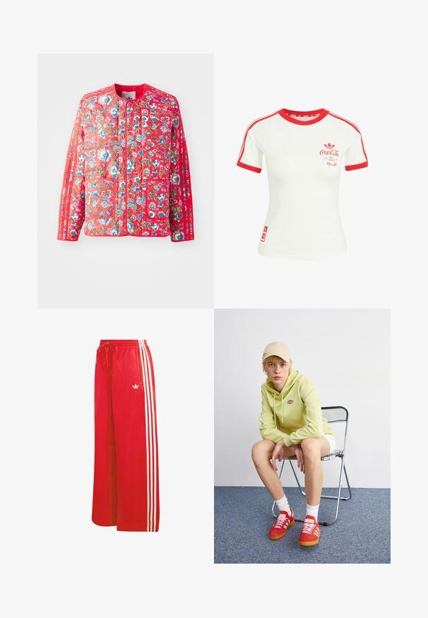 Chaqueta de acolchado roja con un patrón floral en azul, verde y blanco, con un cuello redondo, dos bolsillos frontales y ribetes en contraste.; Camiseta blanca de manga corta con cuello rojo, ribete en las mangas, rayas y logo de Coca-Cola en el pecho y la parte inferior.; Pantalones deportivos rojos hechos de material ligero, con un diseño de pierna ancha, cintura elástica, cordón ajustable y tres rayas blancas en cada lado.; Sudadera verde claro con logo, pantalones cortos blancos, zapatillas rojas con rayas blancas, sentado en una silla plegable de cromo contra un fondo neutral.