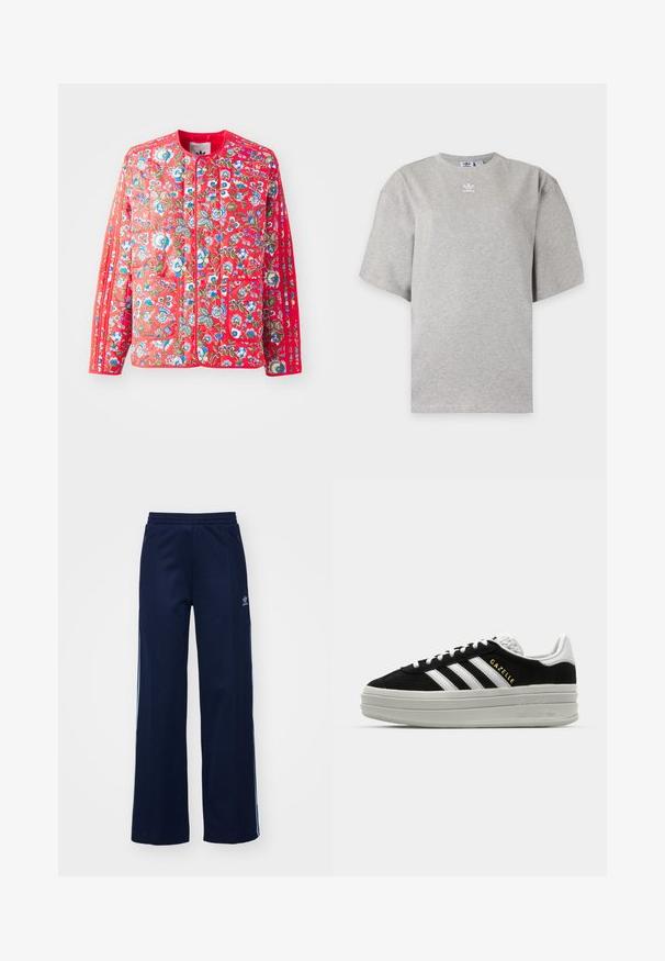 Rode gewatteerde jas met een bloemmotief in blauw, groen en wit, met een ronde halslijn, twee voorzakken en contrasterende afwerkingen.; Lichtgrijs Adidas T-shirt met korte mouwen, ronde hals en klein wit Adidas-logo op de borst, weergegeven op een effen achtergrond.; Marineblauwe katoenen joggingsbroek met een brede pijpdesign, elastische tailleband en ritszakken, voorzien van witte zijstrepen en logo-detail.; Zwarte suède sneaker met witte leren accenten, drie witte strepen, platte veters en een dikke grijze platformzool. Gouden "Gazelle" branding.