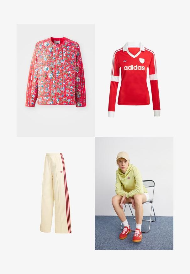 Rode gewatteerde jas met een bloemmotief in blauw, groen en wit, met een ronde halslijn, twee voorzakken en contrasterende afwerkingen.; Rode lange mouwen voetbalshirt met een witte kraag en manchetten. Heeft drie witte strepen op de schouders en het "adidas" logo prominent weergegeven.; Crèmekleurige wijde trainingsbroek met rode zijstrepen, elastische tailleband, ritssluitingzak en rood Adidas-logo op de dij.; Lichtgroene hoodie met logo, witte shorts, rode sneakers met witte strepen, zittend op een chroom opvouwstoel tegen een neutrale achtergrond.