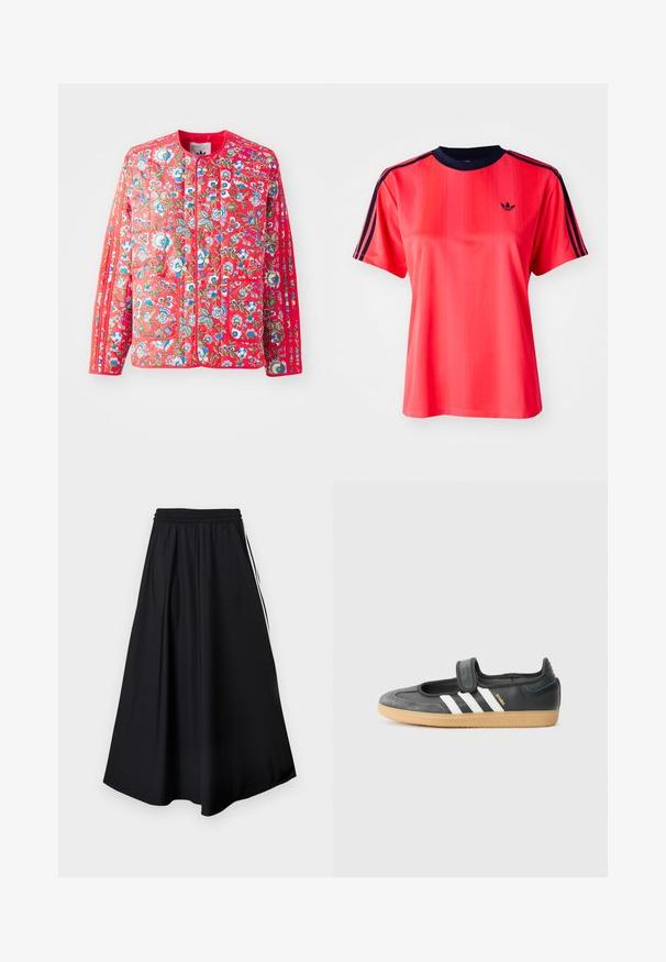 Chaqueta de acolchado roja con un patrón floral en azul, verde y blanco, con un cuello redondo, dos bolsillos frontales y ribetes en contraste.; Camiseta deportiva roja de manga corta, con rayas verticales, cuello redondo color marino y un pequeño logo negro en la parte frontal.; Pantalones negros de pierna ancha con cinturilla elástica y franjas blancas laterales, mostrados sobre un fondo blanco liso.; Zapatilla de deporte de cuero negro y ante con una correa de Velcro, que presenta tres rayas blancas y una suela de goma, etiquetada "SAMBA" en el lateral.