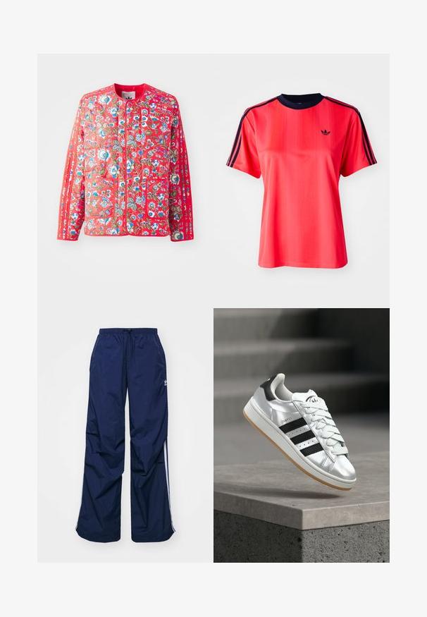 Chaqueta de acolchado roja con un patrón floral en azul, verde y blanco, con un cuello redondo, dos bolsillos frontales y ribetes en contraste.; Camiseta deportiva roja de manga corta, con rayas verticales, cuello redondo color marino y un pequeño logo negro en la parte frontal.; Pantalones de color azul marino, ligeros, con cintura elástica y cordón ajustable, con franjas blancas laterales y un pequeño logo en la parte delantera. Diseño de corte holgado.; Zapatilla deportiva de cuero plateado con tres rayas negras, lengüeta acolchada y cordones azul claro. Cuenta con una suela de goma blanca y diseño de punta redondeada.