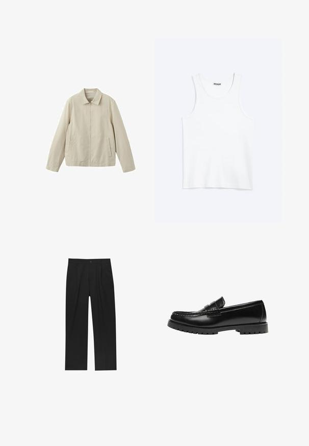 Veste décontractée beige à manches longues, fermeture éclair à l'avant, col, et deux poches avant inclinées sur fond blanc.; Débardeur blanc sans manches avec col rond et étiquette de la marque Weekday à l'intérieur du col arrière, présenté à plat sur un fond clair.; Pantalons noirs au design droit, fabriqués à partir d'un tissu lisse. Dotés de plis sur le devant et d'une fermeture à un bouton à la taille.; Mocassin en cuir noir avec une semelle en caoutchouc épaisse et un détail classique de bride à monnaie, vu de côté extérieur.