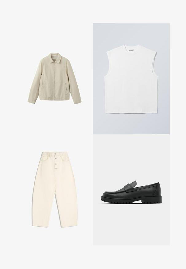 Veste décontractée beige à manches longues, fermeture éclair à l'avant, col, et deux poches avant inclinées sur fond blanc.; Haut blanc sans manches en coton à col rond avec épaules structurées, marqué "WEEKDAY" sur l'étiquette du col, présenté sur un fond gris clair.; Pantalon crème taille haute, jambes larges, fermeture à boutons à l'avant, avec poches latérales et arrière, sur fond blanc.; Mocassins en cuir noir à bout arrondi, avec un design cousu, une semelle plateforme basse et une semelle en caoutchouc texturée et crantée.