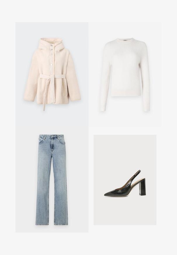 Beige, flauschige Fleecejacke mit Kapuze, vorderen Druckknöpfen, Gürtel in der Taille und Seitentaschen. Glatte Innenauskleidung.; Helle cremefarbene, ribbelige Strickjacke mit langen Ärmeln und runder Ausschnitt. Weicher Stoff und figurbetonter Schnitt mit kontrastierenden Bündchen und Saum.; Helles blau, weit geschnittene Jeans aus Denim. Mit Knopf- und Reißverschluss, Fronttaschen und dezentem Verblassen. Saubere Säume.; Schwarzer Leder-Damenslingback-Schuh mit spitzer Zehenpartie und dickem hohem Blockabsatz vor weißem Hintergrund.