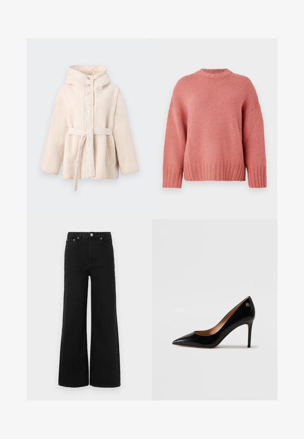 Beige, blød fleecejakke med hætte, frontknapper med trykknap, bælte i taljen og sidelommer. Glat indvendig foring.; Rosa strikket sweater med rund hals, nedfaldne skuldre, struktureret stof og ribbede ærmer og kant. Løs pasform og afslappet stil.; Sorte jeans med vide ben lavet af denim; har høj talje, forlommer og knaplukning. Ingen synlige mønstre eller pynt.; Sorte patentlæder højhælede pumps med spids tå, en slank stiletto hæl og et lille guld dekorativt logo nær hælen.