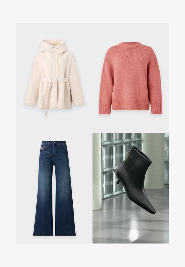 Beige, blød fleecejakke med hætte, frontknapper med trykknap, bælte i taljen og sidelommer. Glat indvendig foring.; Rosa strikket sweater med rund hals, nedfaldne skuldre, struktureret stof og ribbede ærmer og kant. Løs pasform og afslappet stil.; Højtaljede mørkeblå brede bukser med for- og møntlommer, knaplukning og subtile slidser på lårene.; Sort læderankelstøvle med spids tå og lav kitten-hæ, vist vinklet mod en poleret gulv- og glasblokvæg.