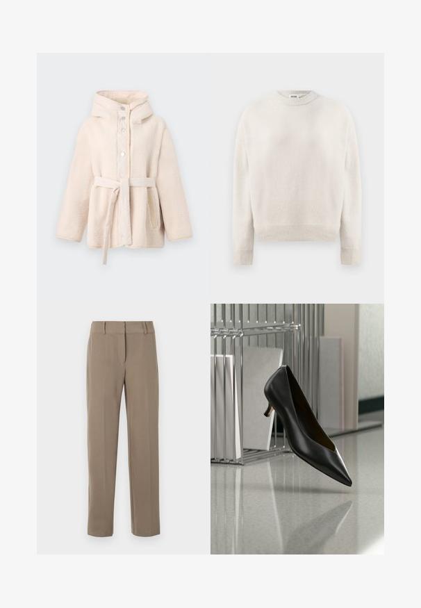 Beige, flauschige Fleecejacke mit Kapuze, vorderen Druckknöpfen, Gürtel in der Taille und Seitentaschen. Glatte Innenauskleidung.; Cremefarbenes Strickpullover mit langen Ärmeln, gerippten Bündchen, Saum und Rundhalsausschnitt, mit dem Etikett "DRYKORN" im Kragen.; Khakifarbene, gerade geschnittene Hose mit Gürtelschlaufen und einem vorderen Reißverschluss auf weißem Hintergrund.; Schwarzer Leder-Kitten-Heel-Schuh mit spitz zulaufender Spitze, der über einem grau gesprenkelten Boden schwebt, neben einem Metall-Ordnerhalter mit Ordnern.