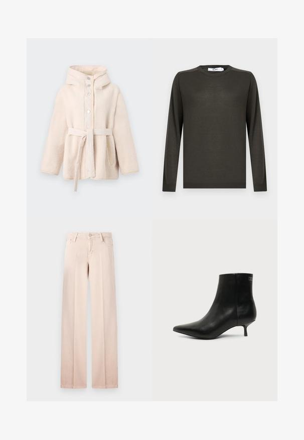 Beige, flauschige Fleecejacke mit Kapuze, vorderen Druckknöpfen, Gürtel in der Taille und Seitentaschen. Glatte Innenauskleidung.; Dunkelgrüner Strickpullover mit langen Ärmeln, rundem Ausschnitt und gerippten Bündchen. Hergestellt aus einem glatten, leichten Stoff mit minimalen Details.; Beige Weitbeinjeans aus einem glatten Baumwollgemisch, mit fünf Taschen, Gürtelschlaufen und einer Knopfschließe. Minimalistischer Stil und helle Farbe.; Schwarzer Leder-Knöchel-Stiefel mit spitzer Spitze und niedrigem Kittenabsatz vor hellem Hintergrund, seitliche Ansicht.