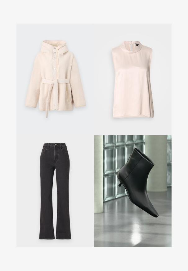 Beige, flauschige Fleecejacke mit Kapuze, vorderen Druckknöpfen, Gürtel in der Taille und Seitentaschen. Glatte Innenauskleidung.; Ärmellose, blassrosa Bluse mit hohem Kragen aus glattem, glänzendem Stoff. Verfügt über einen Knopfverschluss auf der Rückseite und einen abgerundeten Saum.; Schwarze, hochgeschnittene Schlagjeans aus Denim mit Knopfverschluss, Gürtelschlaufen und seitlichen Taschen. Glatte Textur mit minimaler Ausbleichung.; Schwarzer Leder-Stiefelette mit spitzer Zehenpartie und niedrigem Kitten-Heel, schräg dargestellt vor einem polierten Boden und einer Glasbausteinwand.