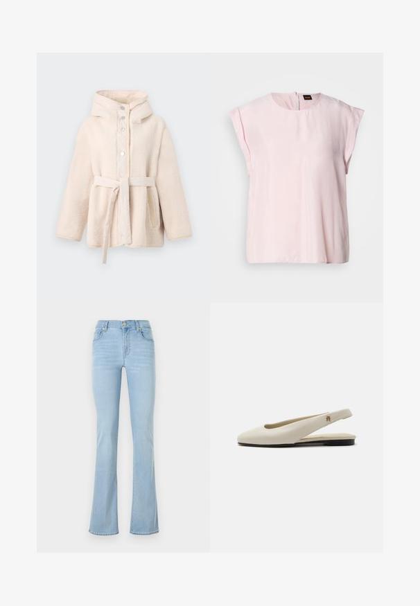 Beige, flauschige Fleecejacke mit Kapuze, vorderen Druckknöpfen, Gürtel in der Taille und Seitentaschen. Glatte Innenauskleidung.; Rosa, kurzärmliges Oberteil mit Rundhalsausschnitt und subtiler glänzender Oberfläche. Verfügt über einen Reißverschluss auf der Rückseite und eine lockere Passform. Glatte Textur.; Hellblaue, aus Denim material gefertigte Schlagjeans mit hoher Taille, fünf Taschen, einer vorderen Knopfleiste und minimalen Nähdetails.; cremefarbiger Lederslingback-Flachschuh mit rundem Zehenbereich und kleinem goldfarbenem Emblem am Riemen.