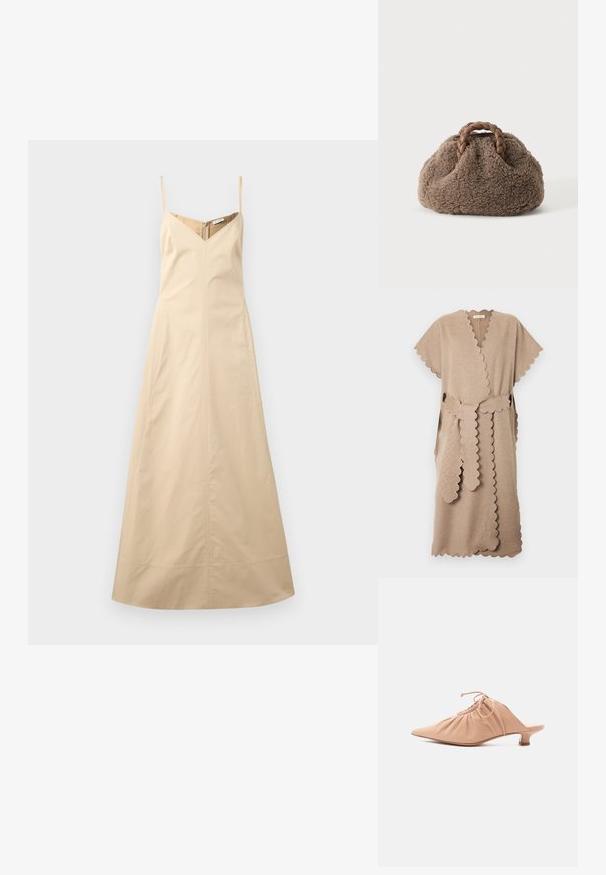 Robe portefeuille beige mi-genou avec bords festonnés, manches courtes et ceinture assortie à bords festonnés nouée à la taille.; Robe longue beige sans manches avec fines bretelles, décolleté en V et corsage cintré, étalée à plat sur un fond blanc.; Mule pour femme en cuir beige avec bout pointu, dessus froncé, lien de serrage et petit talon kitten, sur fond blanc.; Petit sac à main marron duveteux avec des poignées en cuir tressé sur un fond uni clair.