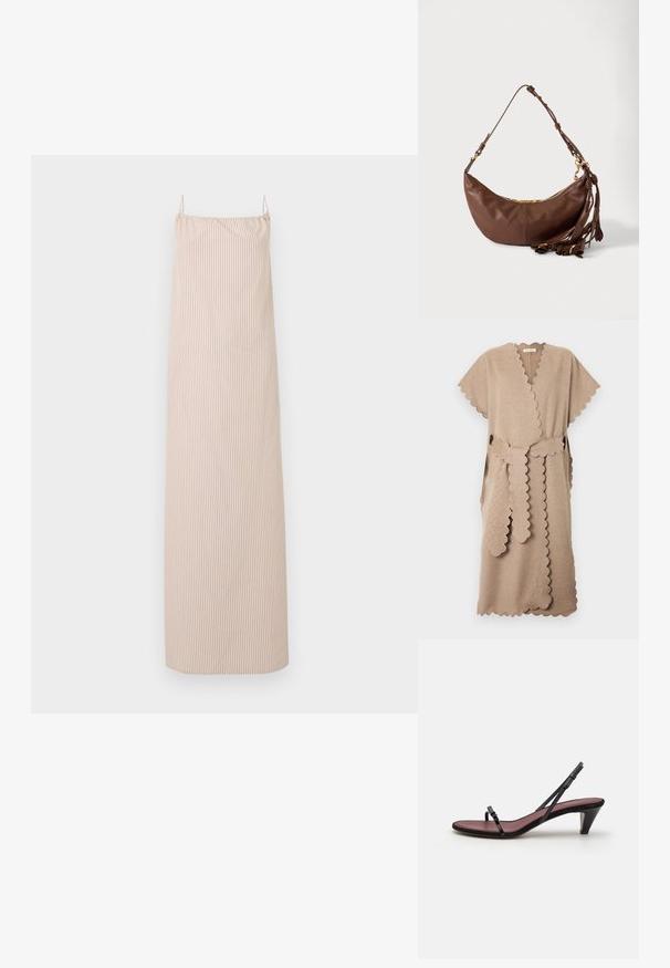 Robe portefeuille beige mi-genou avec bords festonnés, manches courtes et ceinture assortie à bords festonnés nouée à la taille.; Robe maxi sans manches à rayures verticales beige et blanche, avec fines bretelles et encolure droite.; Sandale à talon noire avec de fines brides et une petite boucle décorative. La semelle intérieure est d'une couleur bordeaux contrastante, avec un talon conique élancé.; Sac à bandoulière en cuir marron en forme de croissant avec une fermeture éclair dorée et plusieurs pampilles en cuir suspendues à la sangle sur fond blanc.