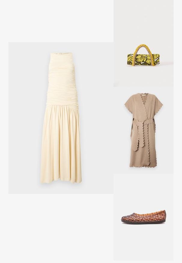 Robe portefeuille beige mi-genou avec bords festonnés, manches courtes et ceinture assortie à bords festonnés nouée à la taille.; Robe sans manches de couleur crème avec corsage froncé et jupe ample et fluide. Tissu doux à la texture lisse. Longueur mi-mollet.; Chaussure plate marron avec des brides en plastique tressé et une semelle noire vue de côté sur fond blanc.; Sac rectangulaire avec motif floral jaune et noir et anse tressée jaune et rose sur fond blanc.