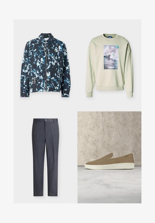 Blå og sort camouflagejakke, letvægtsstof, lynlås foran, spidse krave og et logo-patch på den nederste front. Elastiske manchetter og kant.; Lysebeige sweatshirt med en stor rektangulær grafik af en havbølge og teksten "HUGO" centreret på forsiden, med ribstrikkede manchetter og kant.; Mørkegrå skræddersyede bukser med knap- og lynlåslukning, bæltestropper og lige ben mod en hvid baggrund.; Beige slip-on sko med hvid sål, vist i luften over et lyst tæppe med ravfarvet gennemsigtigt møblement i baggrunden.