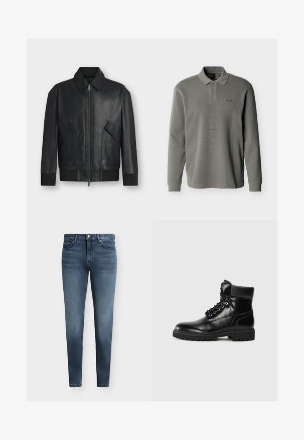 Veste en cuir noire avec fermeture éclair à l'avant, deux poches à rabat inclinées, poignets et ourlet côtelés, présentée sur fond blanc.; Polo à manches longues gris avec deux boutons et texture côtelée, arborant un petit logo "BOSS" brodé sur la poitrine gauche.; Jean skinny en denim bleu avec poches avant, passants pour ceinture et fermeture à bouton avec braguette zippée.; Bottine en cuir noir avec une finition brillante, design à lacets, col rembourré et semelle en caoutchouc robuste avec des grips de traction.