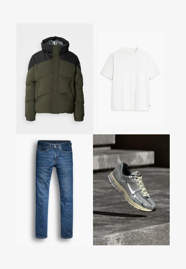 Schott ETHEN - Veste d'hiver - kaki/black; T-shirt en coton blanc à manches courtes, col rond, avec un logo "Levi's" discret imprimé en couleur claire sur le devant.; Jean en denim bleu avec une coupe droite. Comprend cinq poches, une fermeture par bouton, et des coutures orange contrastées sur les coutures.; Chaussure de running Nike grise et beige avec des lacets blancs et un grand swoosh blanc, positionnée comme si elle flottait au-dessus d'une surface en béton.