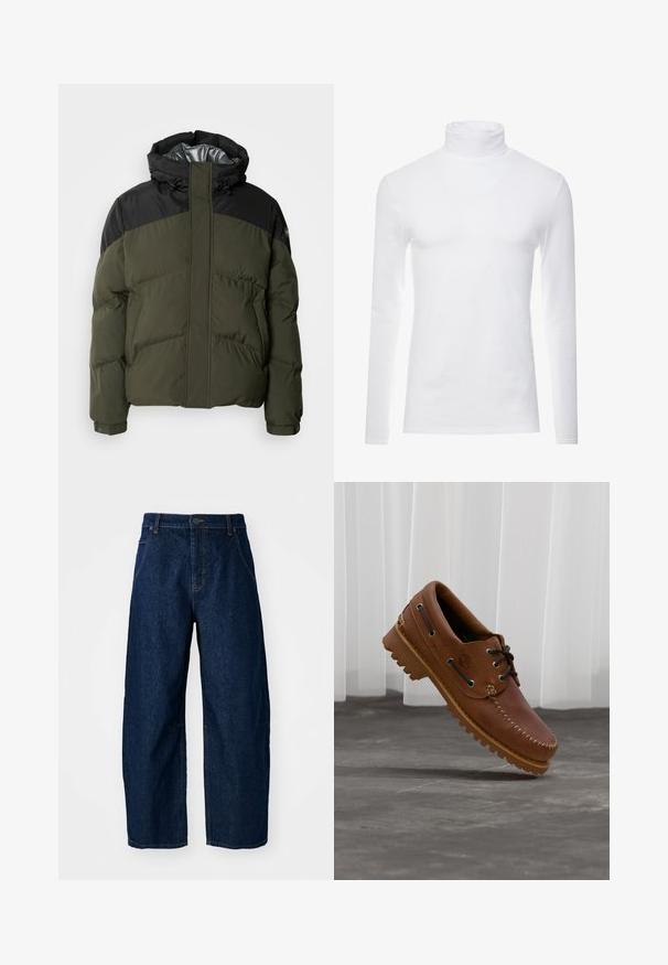 Schott ETHEN - Winterjas - kaki/black; Witte lange mouw turtleneck-shirt gemaakt van zachte, rekbare stof. Heeft een hoge kraag en een aangesloten ontwerp, wat zorgt voor een gestroomlijnde uitstraling.; Wijdvallende donkere spijkerbroek met een hoge taille, voorzien van vijf zakken, een sluiting met een knoop aan de voorkant en zichtbare stikseldetails.; Bruine leren bootschoen met zwarte veters, beige stiksel en een robuuste zool, zwevend boven een grijze betonnen vloer.