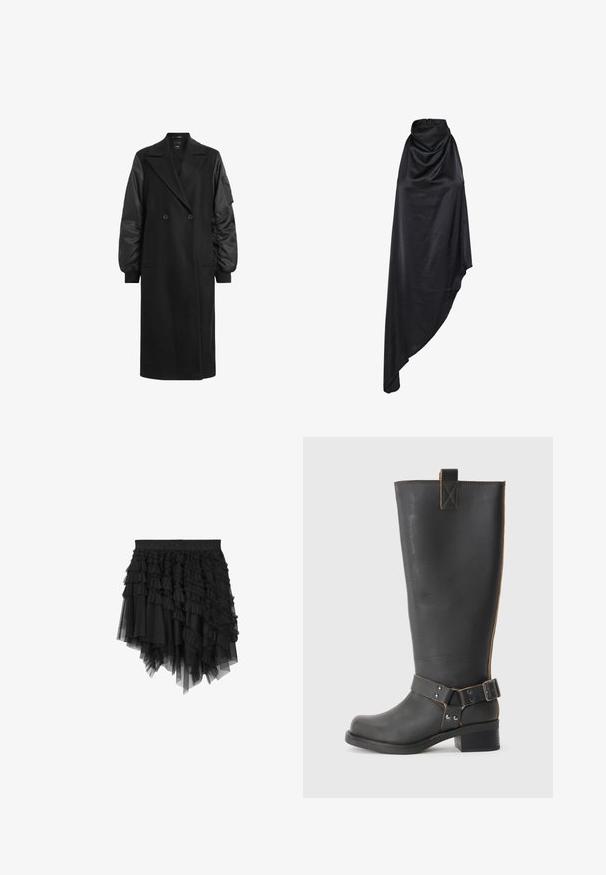 Zwarte dubbelzijdige jas met lange, puffy mouwen van glanzende stof. Beschikt over twee vo zakken en een getailleerd taille-detail.; Zwarte mouwloze satijnen jurk met hoge geplooide halslijn en asymmetrische zoom, soepel vallende stof met een gladde afwerking.; Zwarte asymmetrische gelaagde tule rok met meerdere geplooide lagen en een elastische tailleband met geperste merktekst.; Zwarte leren knie- hoog laars met een gestructureerde afwerking, voorzien van een zijgesp accent en een lage hak. Gedetailleerde stiksels langs de naden.