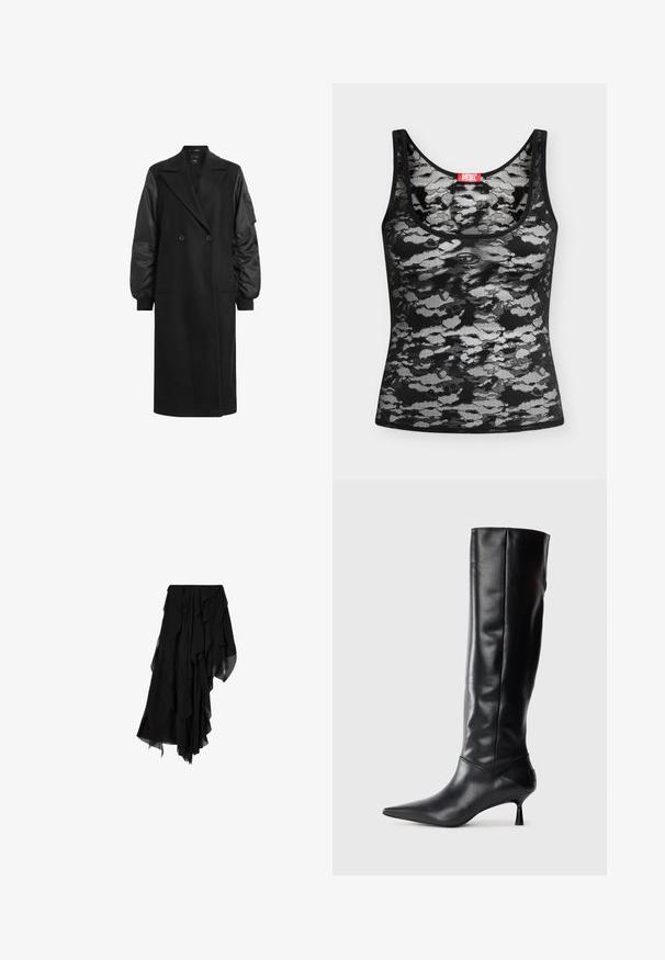 Schwarzer doppelreihiger Mantel mit langen, puffigen Ärmeln aus glänzendem Stoff. Verfügt über zwei Fronttaschen und eine taillierte Detailverarbeitung.; Ärmelloses schwarz-weißes Spitzentop mit abstraktem Camouflage-Muster und rotem Diesel-Markenetikett am Ausschnitt, flach auf weißem Hintergrund liegend.; Schwarzer asymmetrischer Rock mit geschichteten, fließenden Chiffonstoffen, die einen gerafften, ungleichmäßigen Saum erzeugen.; Schwarze Lederstiefel bis zum Knie mit spitzem Zehenbereich und schmalem, geschwungenem Absatz. Glatte Textur, enganliegendes Design und keine sichtbaren Beschläge oder Muster.