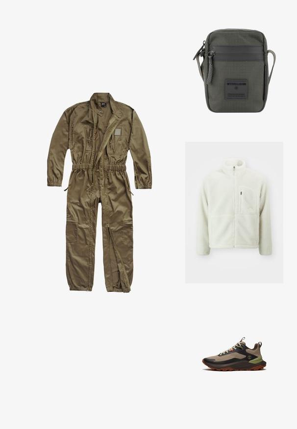The North Face EXTREME JACKET - Forro polar - white dune; Mono utility en verde oliva, fabricado con un material duradero, que cuenta con cierre por delante, cinturilla elástica y múltiples bolsillos en el torso y las piernas.; Zapatilla deportiva de perfil bajo marrón y negra con tejido texturizado, suela gruesa, soporte para el talón en verde y cordones color crema sobre fondo blanco.; Strellson NORTHWOOD RS CLINT - Bandolera - khaki
