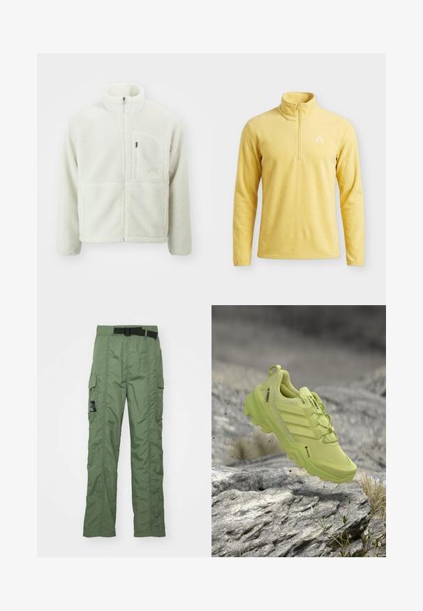 The North Face EXTREME JACKET - Veste polaire - white dune; Pull polaire jaune à manches longues avec une fermeture éclair quarter-zip et un col montant, avec un logo discret sur la poitrine gauche.; Pantalons cargo en vert olive, fabriqués en tissu léger. Présentent une ceinture noire, des poches cargo sur les côtés et des détails de couture.; Chaussure de trail running Adidas Terrex Gore-Tex jaune flottant au-dessus d'un terrain rocheux avec de petites plantes et des particules de poussière autour.