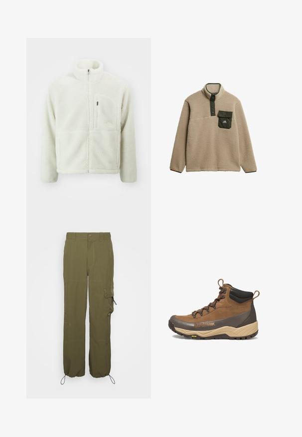 The North Face EXTREME JACKET - Forro polar - white dune; Sudadera de forro polar beige con un cuello alto, tapeta de presión verde y un bolsillo en el pecho. El material tiene un acabado suave y texturizado. Logo de montaña en el bolsillo.; Pantalones cargo verde oliva hechos de tejido ligero. Las características incluyen un cierre de botón, bolsillos laterales y puños ajustables con cordones.; Bota de senderismo de altura media en marrón y beige con collar acolchado negro, marca Gore-Tex, ojales de metal y suela Vibram.