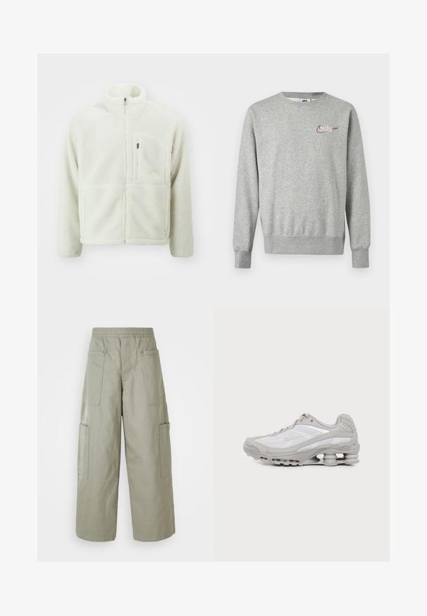 The North Face EXTREME JACKET - Forro polar - white dune; Sudadera gris claro con cuello redondo, mangas largas y pequeño logo de Nike en rojo y blanco en el lado izquierdo del pecho.; Pantalones cargo holgados de color verde oliva con una cinturilla elástica, múltiples bolsillos y una textura suave. Ancho colapsable en el dobladillo.; Zapatilla deportiva gris y blanca con suela visible de amortiguación de aire y paneles de malla, mostrada de perfil sobre un fondo claro y sencillo.