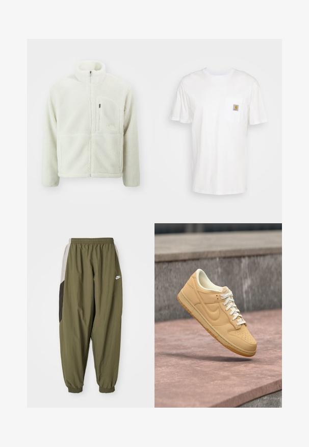 The North Face EXTREME JACKET - Veste polaire - white dune; T-shirt en coton blanc à manches courtes, avec une poche poitrine et un petit patch logo carré en orange et blanc sur la poche.; Pantalons de survêtement Nike vert olive avec taille élastique et poignets élastiques. Présente des panneaux latéraux en gris clair et gris foncé avec un détail de logo.; Baskets basses Nike couleur beige avec lacets blancs et semelle en gomme flottant au-dessus d'une surface en pierre et d'un fond en béton.
