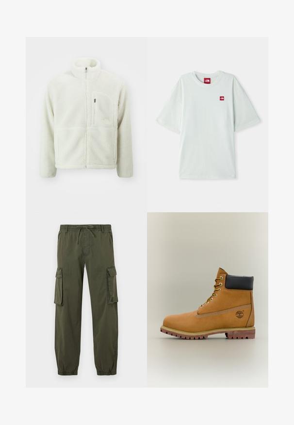 The North Face EXTREME JACKET - Fleecejas - white dune; Lichtgroene T-shirt met korte mouwen van zachte katoen, voorzien van een klein rood logo label op de linker borst. Ontspannen pasvorm en ronde halslijn.; Olijfgroene cargobroek van lichtgewicht stof. Elastische tailleband met trekkoord, twee zijzakken en twee cargozakken op de dijen.; Bruine leren enkellaars met zwarte kraag, gele veters en een zandkleurige zool. Voorzien van een logo en witte stikseldetails. Robuuste loopzool met grip.