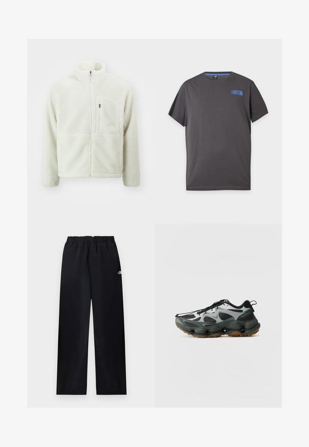The North Face EXTREME JACKET - Fleecejas - white dune; Donkergrijs T-shirt met korte mouwen en ronde hals met een klein blauw The North Face-logo op de linker bovenborst tegen een witte achtergrond.; Zwarte broek met rechte pijpen en elastische taille, met een klein wit logo op de bovenste rechterdij, plat uitgestald op een lichte achtergrond.; Zwarte en grijze sportschoenen met een bovenwerk van mesh, een sculptuurzool en een rubberen buitenzool. Voorzien van een veilig vetersysteem en een trekband aan de hiel.