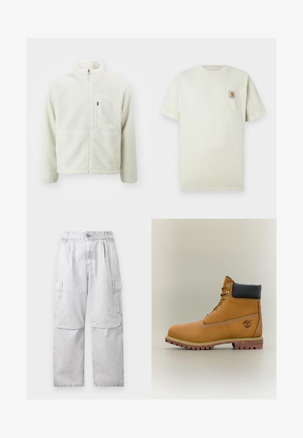 The North Face EXTREME JACKET - Fleecejas - white dune; Lichtgroene katoen t-shirt met korte mouwen, ronde halslijn en een klein vierkant label met een logo op de linkerkant van de borst. Zachte textuur.; Lichtgrijze cargobroek met knoop- en ritssluiting, zijzakken met kleppen en een rechte pijp.; Bruine leren enkellaars met zwarte kraag, gele veters en een zandkleurige zool. Voorzien van een logo en witte stikseldetails. Robuuste loopzool met grip.