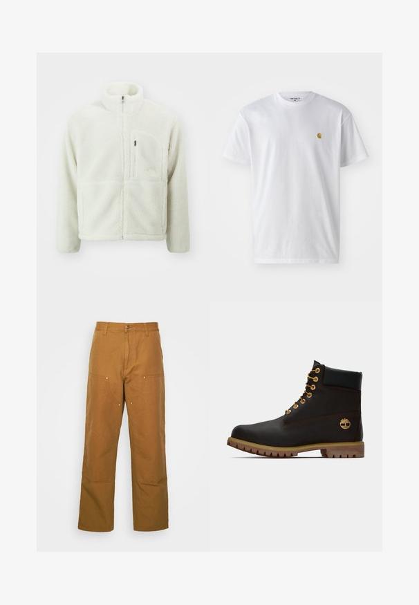 The North Face EXTREME JACKET - Fleecejacke - white dune; Weißes Baumwoll-T-Shirt mit kurzen Ärmeln, Rundhalsausschnitt, mit einem kleinen goldenen Logo im linken Brustbereich. Weicher Stoff und normale Passform.; Braune Baumwoll-Arbeitshosen mit geradem Bein, die über Vordertaschen und Metallakzente für zusätzliche Strapazierfähigkeit verfügen.; Schwarze Leder-Ankle-Boots mit goldenen Ösen, braunen Akzenten und einer Gummisohle. Verfügt über einen gepolsterten Schaft und ein geprägtes Logo an der Seite.