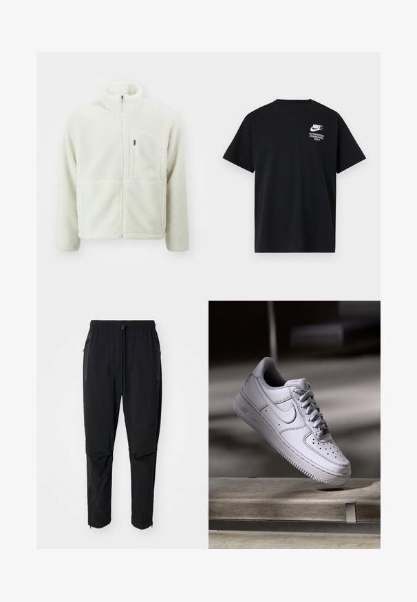 The North Face EXTREME JACKET - Forro polar - white dune; Camiseta negra de manga corta Nike con texto blanco "Authorized Personnel Only" y logo en la parte superior izquierda del pecho.; Pantalones de exterior negros, ligeros, con cintura elástica y cordón ajustable. Cuenta con bolsillos con cremallera y puños ajustados.; Zapatilla Nike Air Force 1 de cuero blanco que presenta una puntera perforada, cordones planos y una suela de goma texturizada con la marca "AIR" en el lateral.