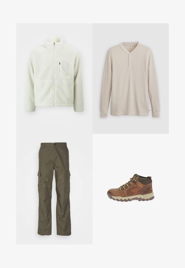The North Face EXTREME JACKET - Fleecejas - white dune; Lange mouwen henley-shirt in lichtbeige ribbelstof, met een V-hals, een drieknoopsluiting en manchetten. Rode logo-label aan de onderkant.; Olijfgroene cargobroek met rechte snit, gemaakt van gestructureerde stof. Bevat grote zijzakken en een knoopsluiting.; Bruine leren wandelschoenen met donkergroene accenten, gestructureerde bovenkant, metalen oogjes, gewatteerde kraag en robuuste rubberen zool voor grip.