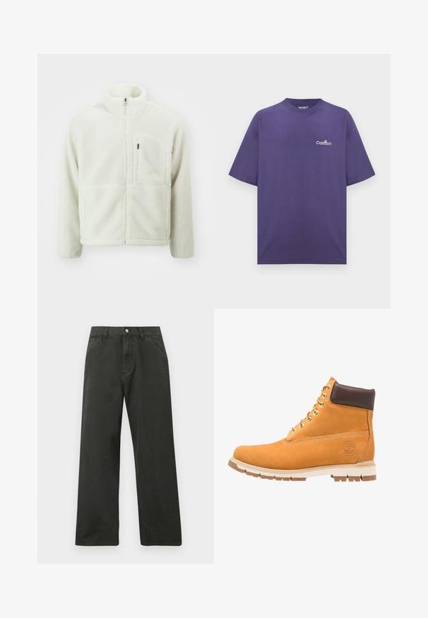 The North Face EXTREME JACKET - Forro polar - white dune; Camiseta Carhartt morada de gran tamaño con mangas cortas y pequeño logo blanco en el pecho izquierdo sobre un fondo liso.; Pantalones negros de pierna recta con bolsillos delanteros, trabillas para cinturón y cierre de botón en la cintura.; Timberland RADFORD 6 IN BOOT WP - Botines con cordones - wheat
