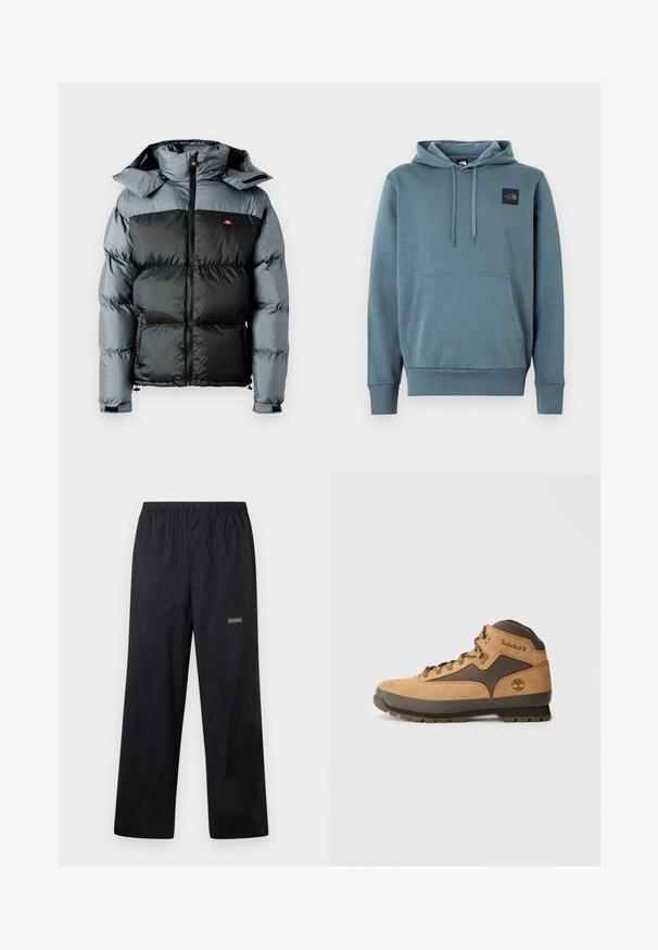 Doudoune avec une partie inférieure noire et une partie supérieure grise. Dotée d'un col montant, d'une fermeture éclair et d'une capuche attachée.; Sweat à capuche bleu-gris pâle, en tissu doux. Comprend une poche avant et un petit écusson logo noir sur la poitrine.; Pantalon d'extérieur léger noir avec taille élastique, bouton à l'avant, deux poches avant et petit logo Columbia sur la cuisse droite.; Botte de randonnée en daim marron avec des accents brun foncé, œillets en métal et semelle antidérapante. Logo Timberland embossé sur le côté. Design mi-haut.