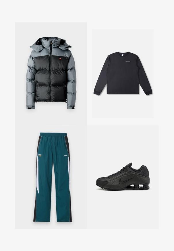 Doudoune avec une partie inférieure noire et une partie supérieure grise. Dotée d'un col montant, d'une fermeture éclair et d'une capuche attachée.; T-shirt à manches longues noir en coton. Présente un col rond et le texte "RHTHM PROJECTS" imprimé en blanc sur le devant.; Pantalon de survêtement bleu sarcelle avec panneaux latéraux noirs et blancs, taille élastique, et petits logos "moto" et "bareen" sur les cuisses supérieures.; Baskets de course noires avec une tige en synthétique lisse, des accents perforés, des panneaux latéraux texturés et une semelle distincte et rebondissante.