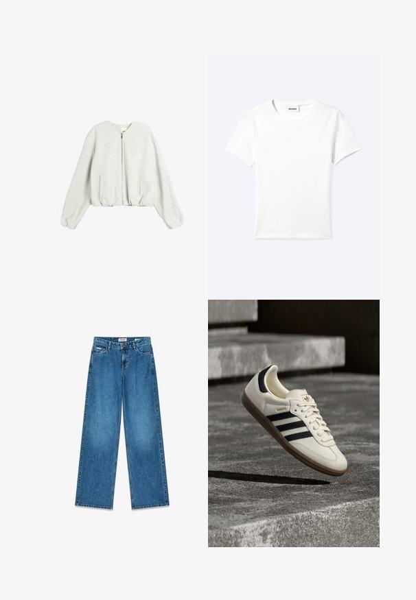 Sudadera corta gris hecha de material suave, con cremallera, puños acanalados y bolsillos laterales. Cuello redondo simple y ajuste holgado.; Camiseta blanca lisa de manga corta con cuello redondo y una pequeña etiqueta "WEEKDAY" dentro del cuello, mostrada extendida sobre un fondo claro.; Vaqueros de mezclilla azul claro de pierna ancha con cintura alta, cierre de botón, cuatro bolsillos y detalles mínimos de costuras.; Zapatilla blanca Adidas Samba con franjas negras y suela de goma, flotando sobre escalones de hormigón gris texturizado.
