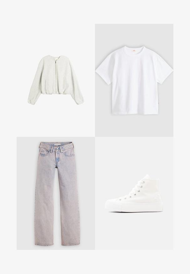 Grijze cropped sweatshirt van zacht materiaal, met een rits, ribgebreide manchetten en zijzakken. Eenvoudige ronde halslijn en een relaxte pasvorm.; Wit katoenen t-shirt met korte mouwen, ronde hals, losse pasvorm, gladde textuur en een klein logolabel aan de linker zijnnaad.; Lichtgewassen spijkerbroek met een rechte pijp, uitgevoerd met een ontwerp met vijf zakken, dubbele knoopsluiting en minimale kleurvervaging.; Witte canvas sneaker met hoge schacht, witte veters, zilverkleurige oogjes en een dikke rubberen zool op een lichtgrijze achtergrond.