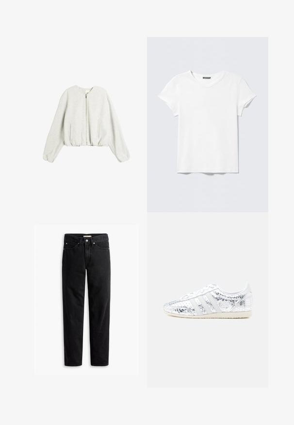 Sudadera corta gris hecha de material suave, con cremallera, puños acanalados y bolsillos laterales. Cuello redondo simple y ajuste holgado.; Camiseta blanca lisa de manga corta y cuello en V, con una pequeña etiqueta "WEEKDAY" en el interior del cuello, mostrada sobre un fondo gris claro.; Jeans negros de pierna recta con cierre de botones y cremallera, pasadores para cinturón y bolsillos delanteros y traseros, exhibidos de forma plana sobre un fondo blanco.; Zapatilla blanca con escamas plateadas metálicas, con tres franjas blancas y acentos texturizados. Suela de goma, diseño de perfil bajo.