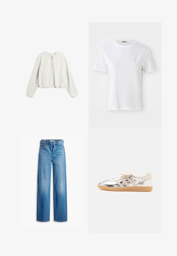 Sudadera corta gris hecha de material suave, con cremallera, puños acanalados y bolsillos laterales. Cuello redondo simple y ajuste holgado.; Camiseta blanca de manga corta hecha de una tela suave. Cuenta con un escote redondo y un corte recto, con una etiqueta en el cuello interior.; Vaqueros de mezclilla azul con una cintura alta, diseño de pierna ancha y estilo de cinco bolsillos. Presenta una cremallera de botón y un acabado deslavado.; Zapatilla baja con parte superior plateada brillante, tres rayas beige, cordones blancos y suela de goma marrón claro, mostrada de lado sobre fondo blanco.