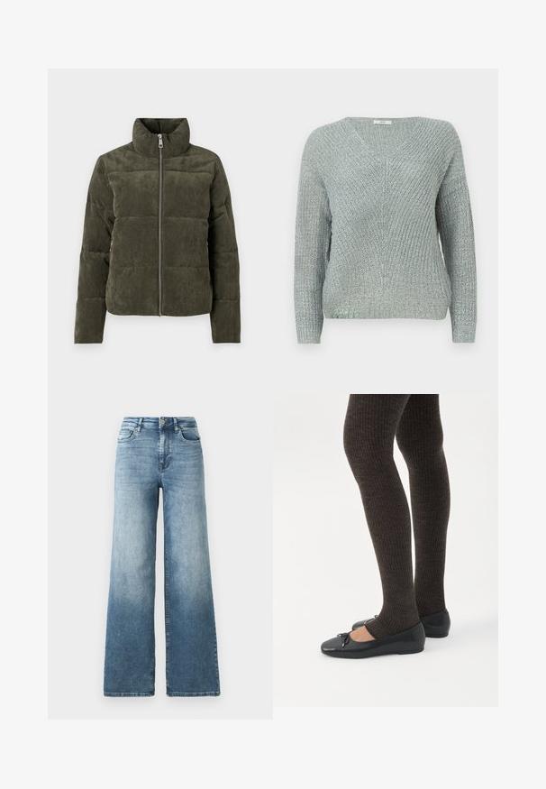 Olijfgroene corduroy pufferjack met een hoge kraag, een rits aan de voorkant en een geribbelde textuur. Bevat gevoerde delen met een zachte afwerking.; Lichtblauwe gebreide trui met een V-hals, lange mouwen en een gestructureerd patroon. Voorzien van ribbels aan de manchetten en de zoom.; Snijdemim jeans met wijde pijpen in een lichtblauwe wassing, voorzien van een hoge taille, vijf-pocketontwerp en subtiele vervaging op de stof. Klassieke metalen knoopsluiting.; Benen met donkere geribbelde leggings gecombineerd met zwarte ballerina's met kleine strikdetails op een witte achtergrond.