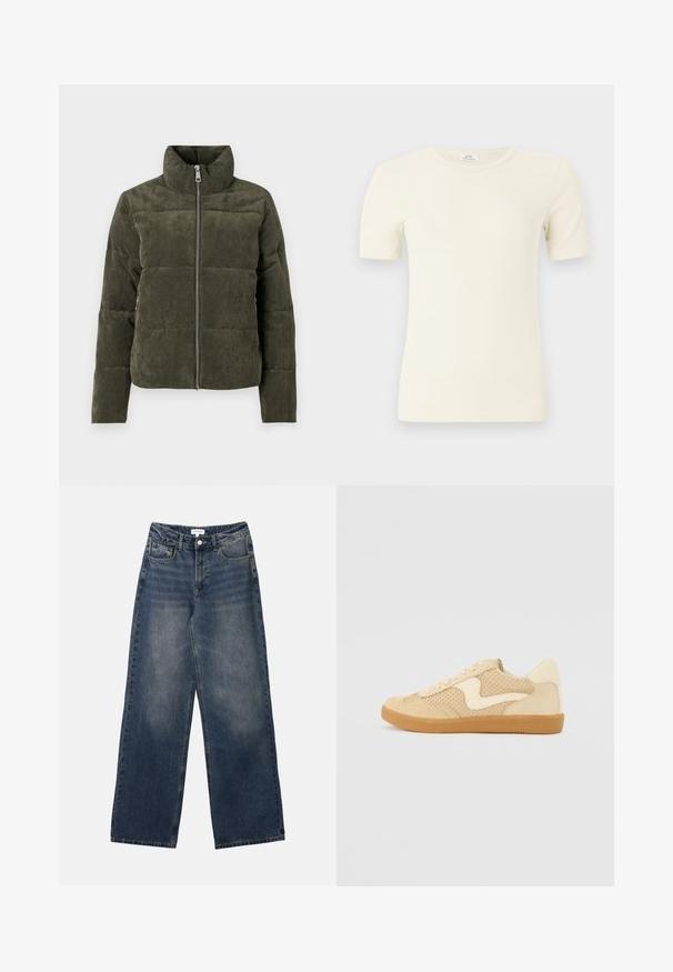 Olivgrüne Corduroy-Pufferjacke mit hohem Kragen, Frontreißverschluss und gerippter Textur. Verfügt über gepolsterte Abschnitte mit weichem Finish.; Cremefarbener, gerippter Kurzarm-T-Shirt mit Rundhalsausschnitt und schlanker Passform, dargestellt vor hellem, einfarbigem Hintergrund.; Herrenhohe-taillierte blaue Jeans aus Denim mit weitem Bein, vorderem Knopf und Reißverschluss sowie Vorder- und Gesäßtaschen.; Beige Sneaker aus Wildleder und Mesh-Materialien, runde Form, auffälliger gepolsterter Kragen und eine Sohle aus Gummi. Verfügt über ein wellenförmiges Design-Highlight.